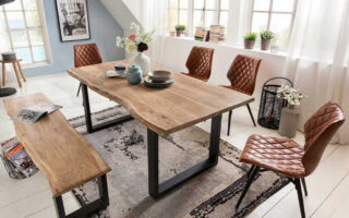 Esszimmer Tisch & Bank & Stühle aus Holz & Metall & Kunstleder - Viamare  (1-teilig)