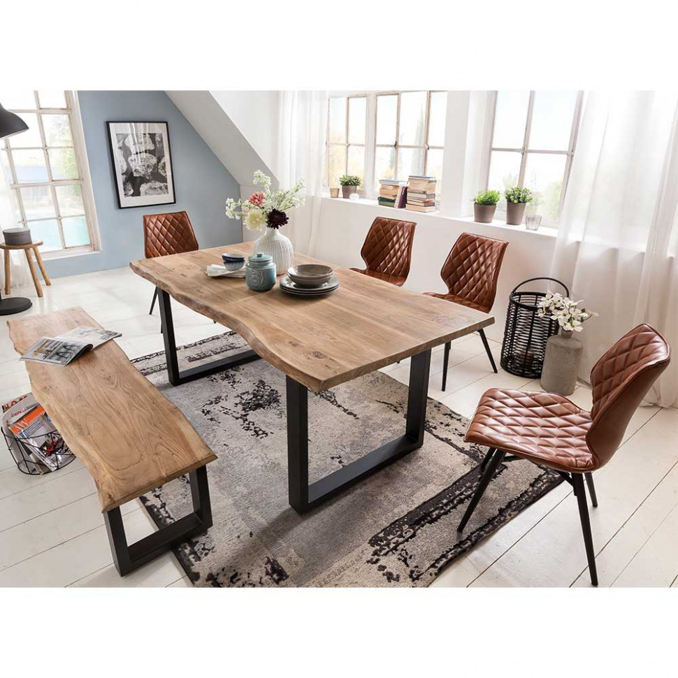 Esszimmer Tisch & Bank & Stühle aus Holz & Metall & Kunstleder - Viamare  (1-teilig)